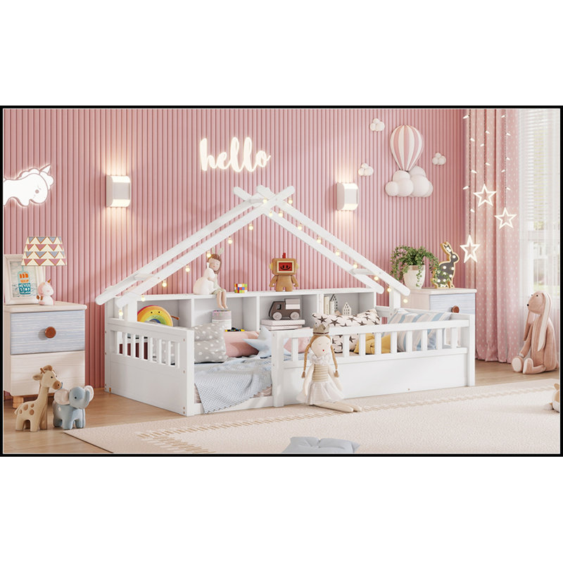 Lit simple au sol avec toit, étagères de rangement et lumière DEL pour enfants