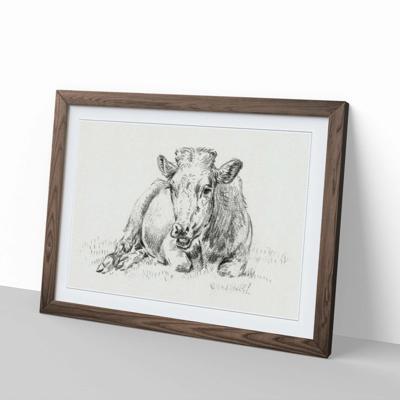 The Resting Cow by Jean Bernard - Picture Frame Drawing Print, 27cm H x 36cm W x 2cm D, Walnut Framed