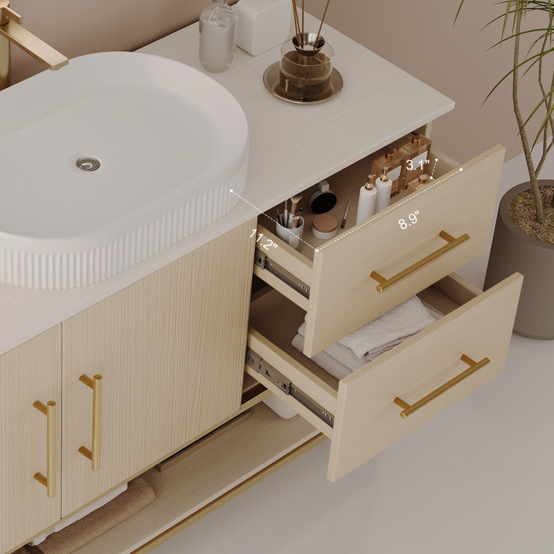 Meuble-lavabo moderne de 36 po avec lavabo vasque en céramique, armoire d'appoint dorée