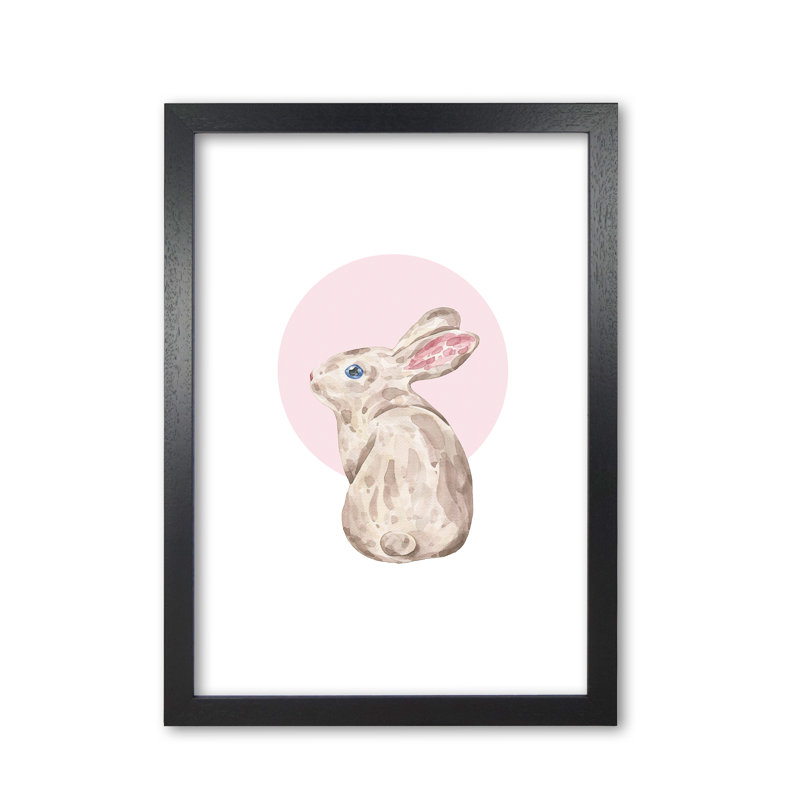 Watercolour Bunny With Pink Circle - Painting, 42 cm H x 30 cm W x 5 cm D, Black Grain Frame