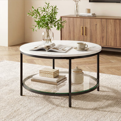 Table basse ronde en marbre avec verre pour le salon, table basse circulaire à 2 niveaux avec rangement Table basse transparente