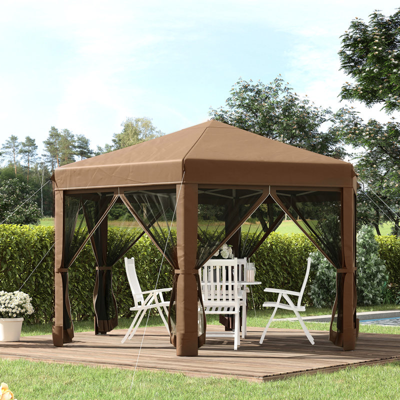 Pavillon de jardin robuste, escamotable hexagonal de 13 pi x 11 pi. Filet 6 mailles, hauteurs réglables, cadre en acier robuste, brun foncé. Convient à un auvent extérieur pour regarder des écureuils. Parois latérales, hauteur, oiseau