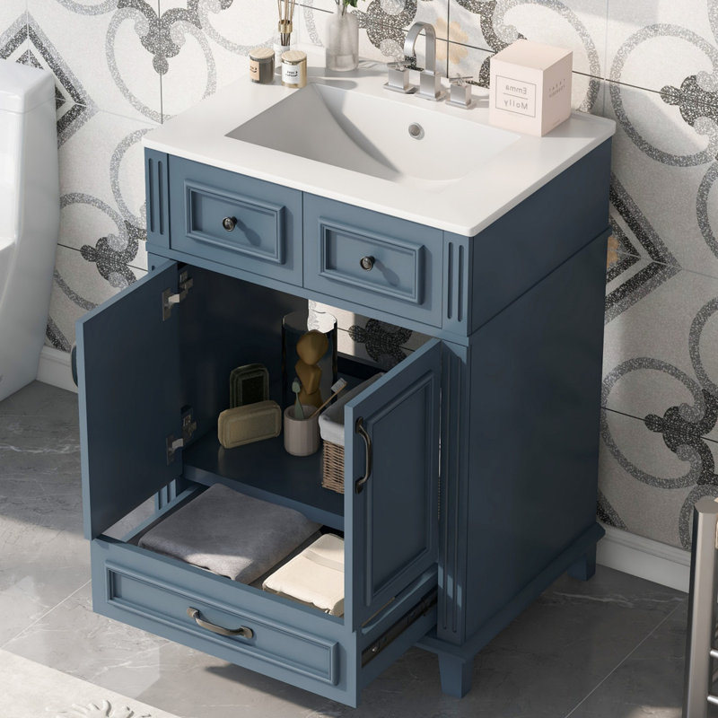 Meuble-lavabo de 24 po avec lavabo en céramique, armoire de rangement en bois massif avec portes à fermeture douce, style rétro
