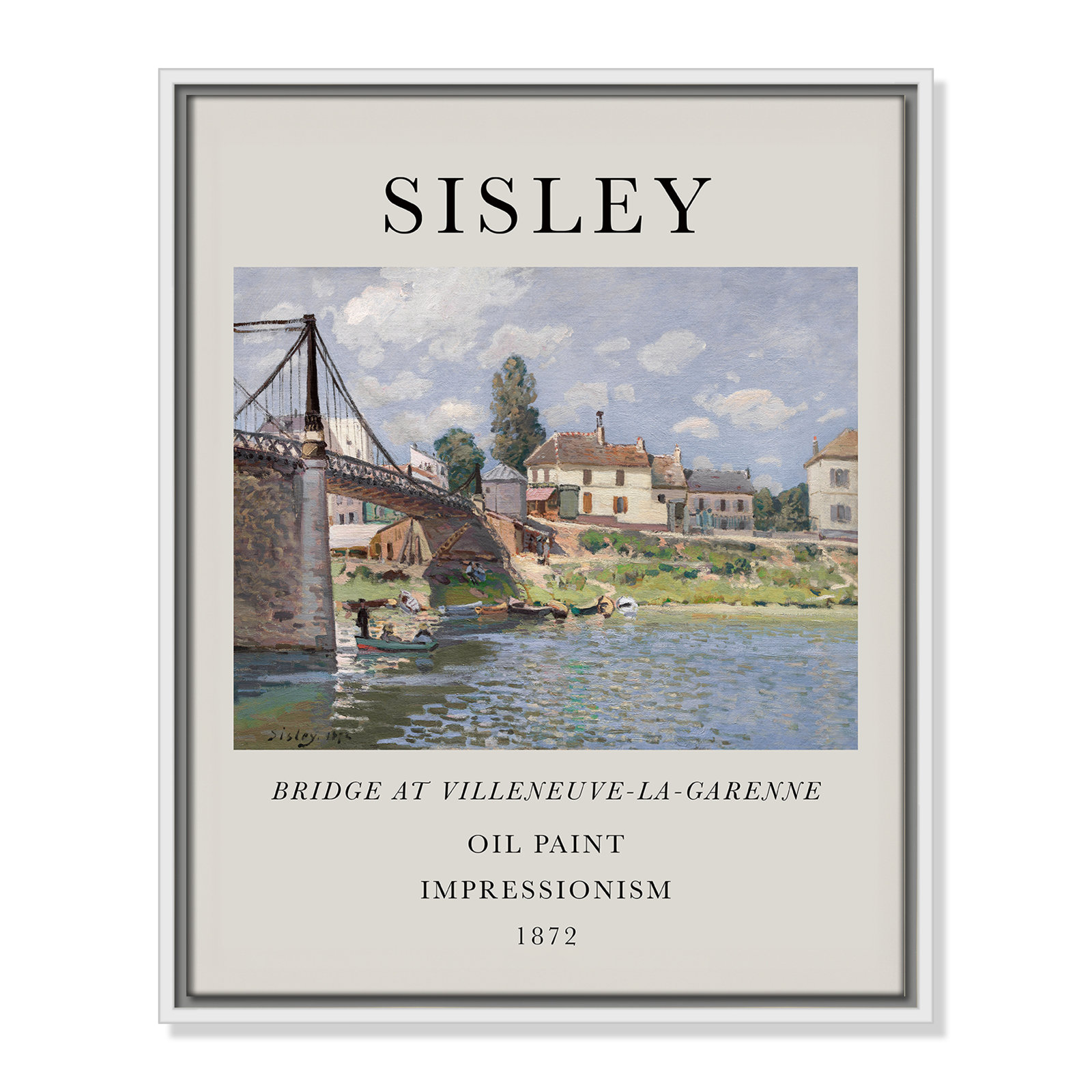 Old Masters Collection " The Bridge At Villeneuve " by Alfred Sisley, No, 21.5" H x 17.5" W x 2" D, White Floater Frame
