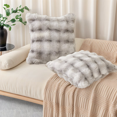 Set Of 2 Luxury Faux Rabbit Fur Pillow Covers - Ultra Soft Plush Decorative Cushions 17.7X17.7 Inch For Sofa & Bedroom