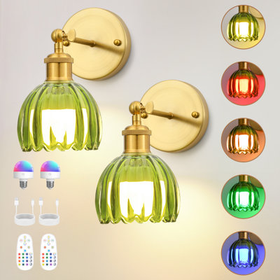 Battery Operated Wall Sconces With Remote, Rechargeable Wireless Wall Sconce With Tulip Glass Shade, RGB Dimmable Light (Set Of 2)