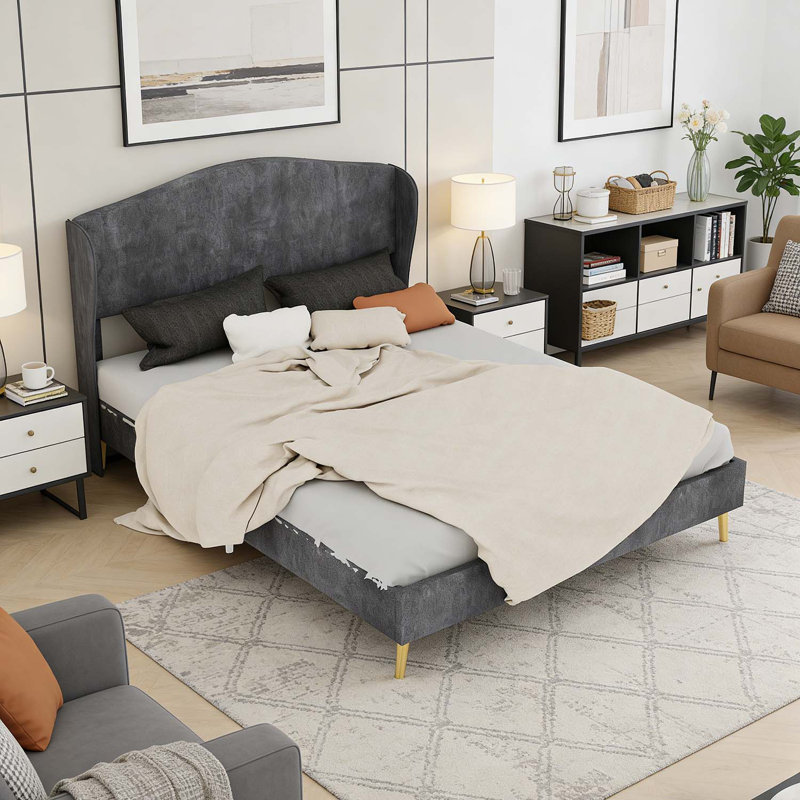 Lit rembourré avec structure robuste, pour chambre à coucher principale, Gris, Grand lit