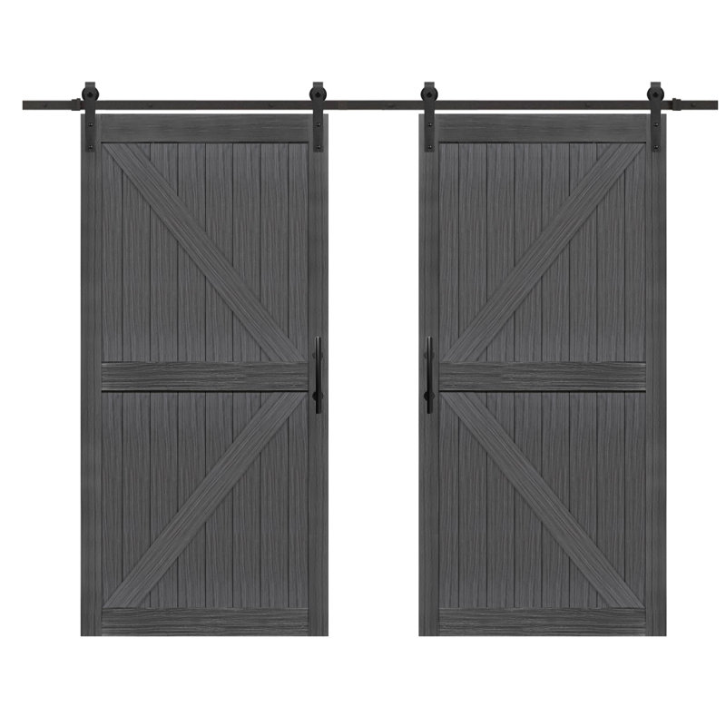 Porte de grange double en MDF avec porte coulissante S&Z TopHand®, dalle de porte de grange solide recouverte d'une surface en PVC imperméable