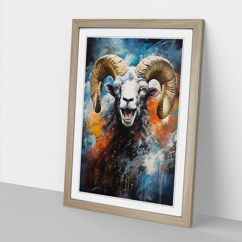 Ram Sheep Action Painting - Single Picture Frame Print on Wood, Oak Framed, 34cm H x 25cm W x 2cm D