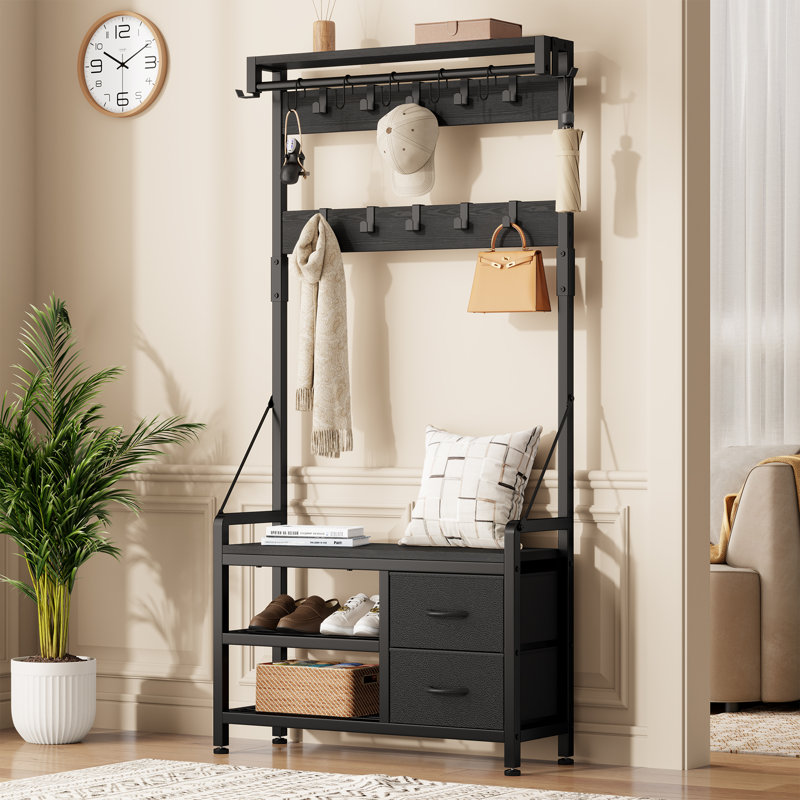  Wood 5-In-1 Hall Tree With Shoe Bench, Coat Rack, Hooks, Drawers & Top Shelf –Modern Farmhouse Entryway Organizer For Mudroom Or Foyer