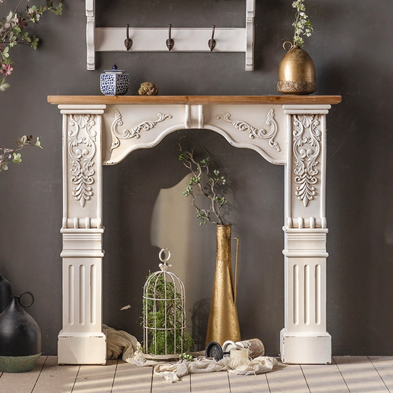 Beige + Walnut Solid Wood Freestanding Fireplace