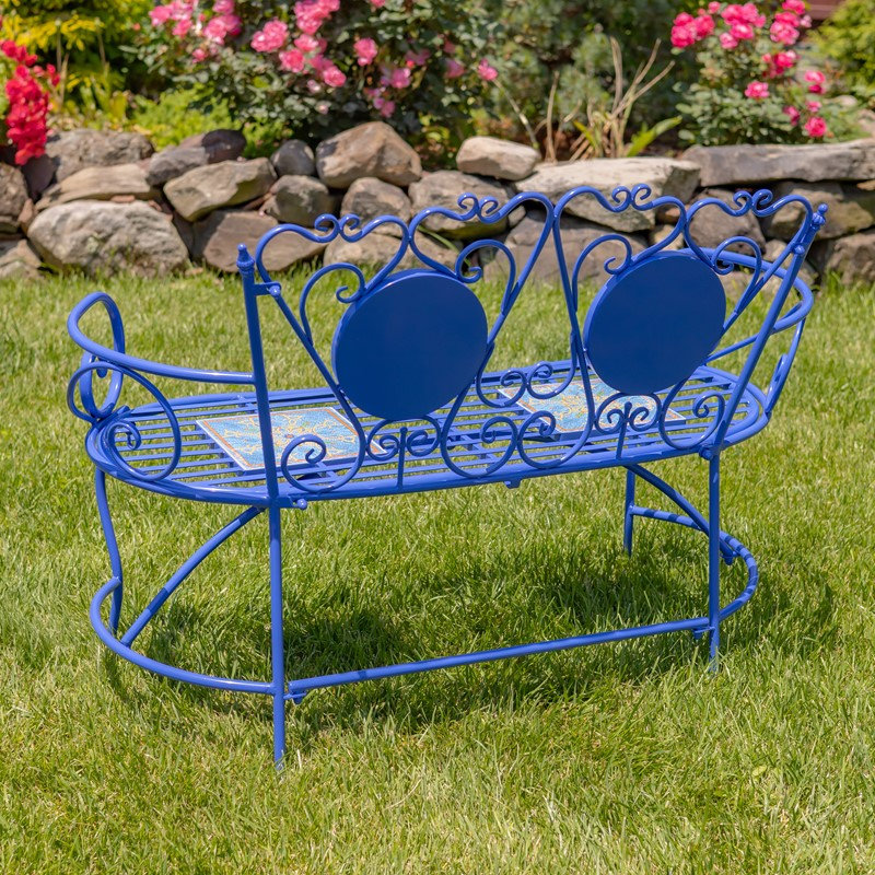 Banc en mosaïque Naples bleu sarcelle et doré avec cadre en fer
