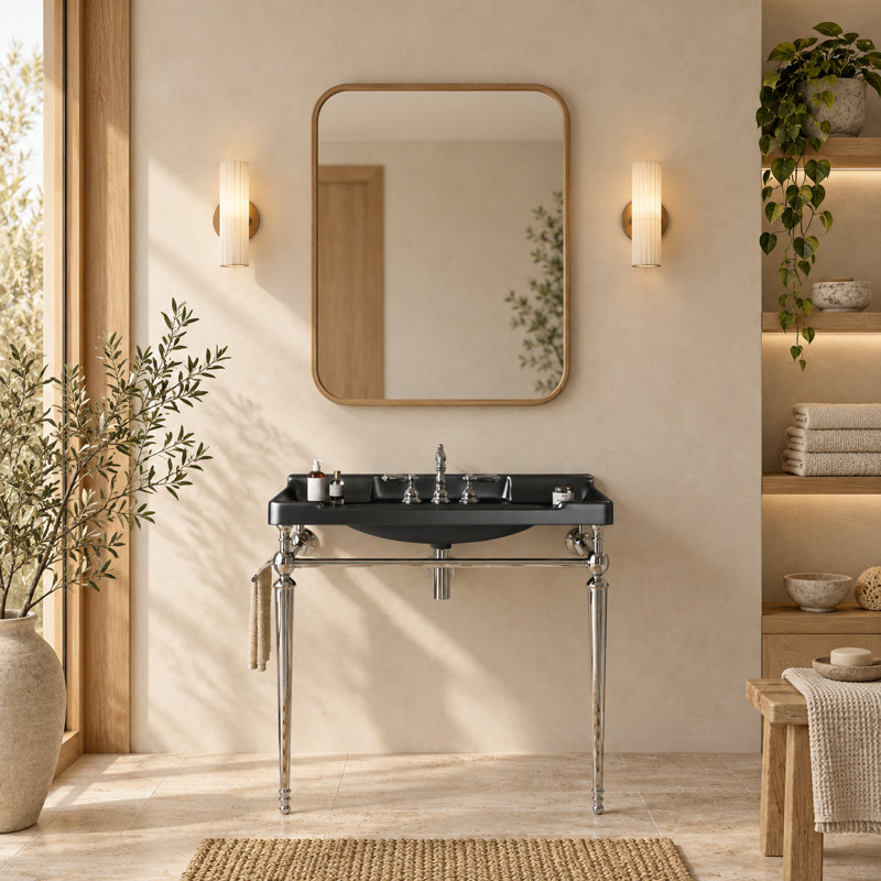Meuble-lavabo console en céramique de 91 cm (36 po) avec support en métal et barre porte-serviettes, Argent, 36", Noir