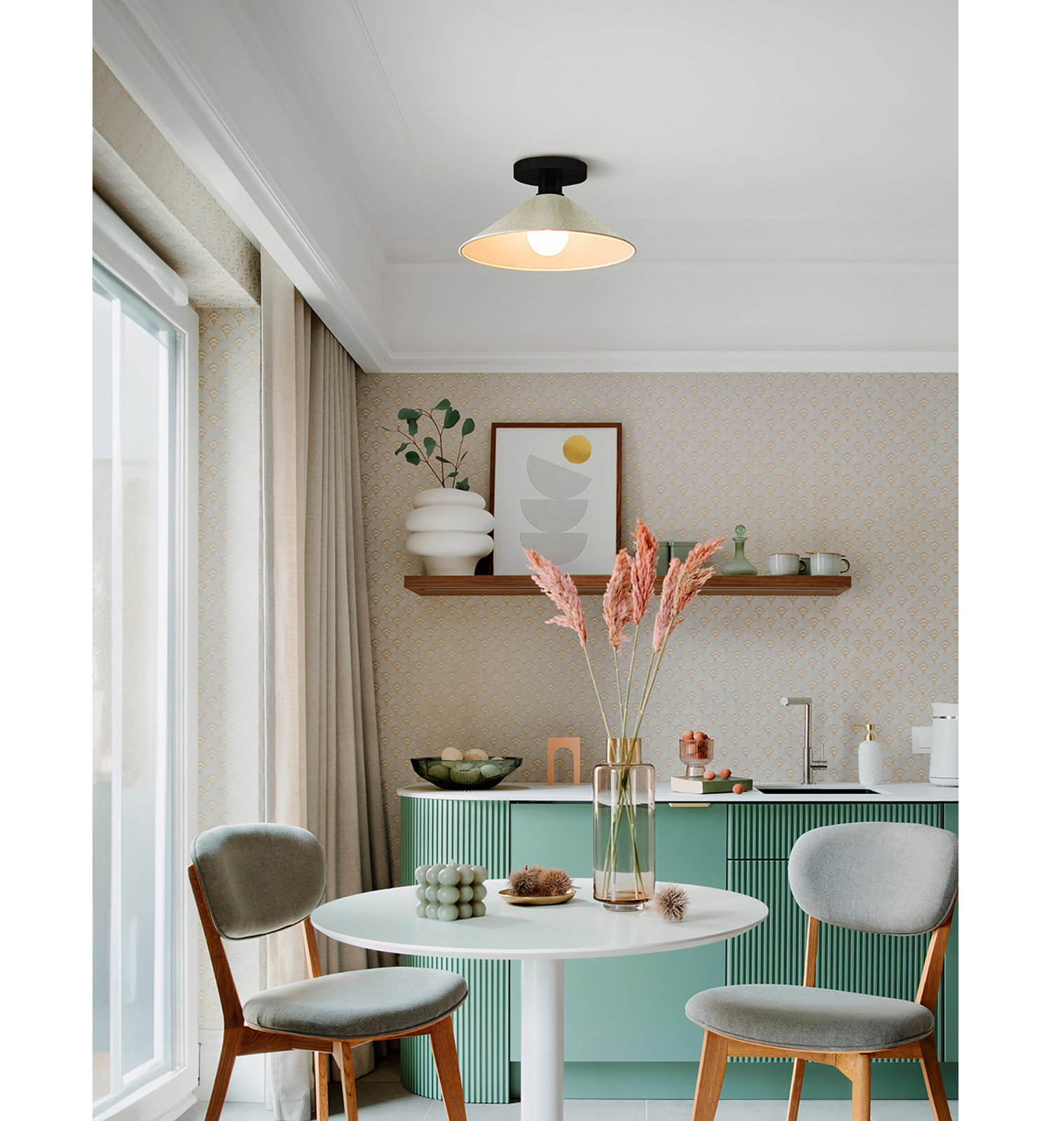 Single Light Ceramic Semi Flush Mount, Matte Black, Celadon Green Crackle, Incandescent (Not Included)