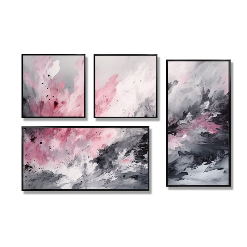 «Evolving In Pink Grey», art mural rose 4 pièces, Impression encadrée sans passe-partout, Noir