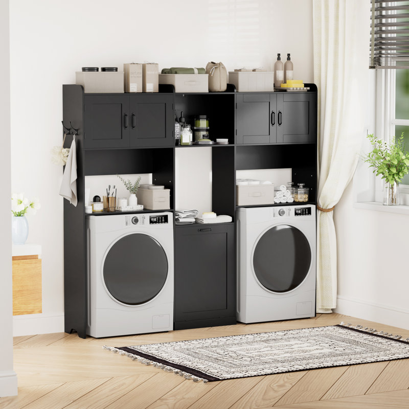 Comptoir de laveuse-sécheuse avec tablette, piédestal avec armoire de rangement, organisateur de salle de lavage avec panier à linge inclinable, comptoir en bois multi-couches avec bordure, conception anti-basculement