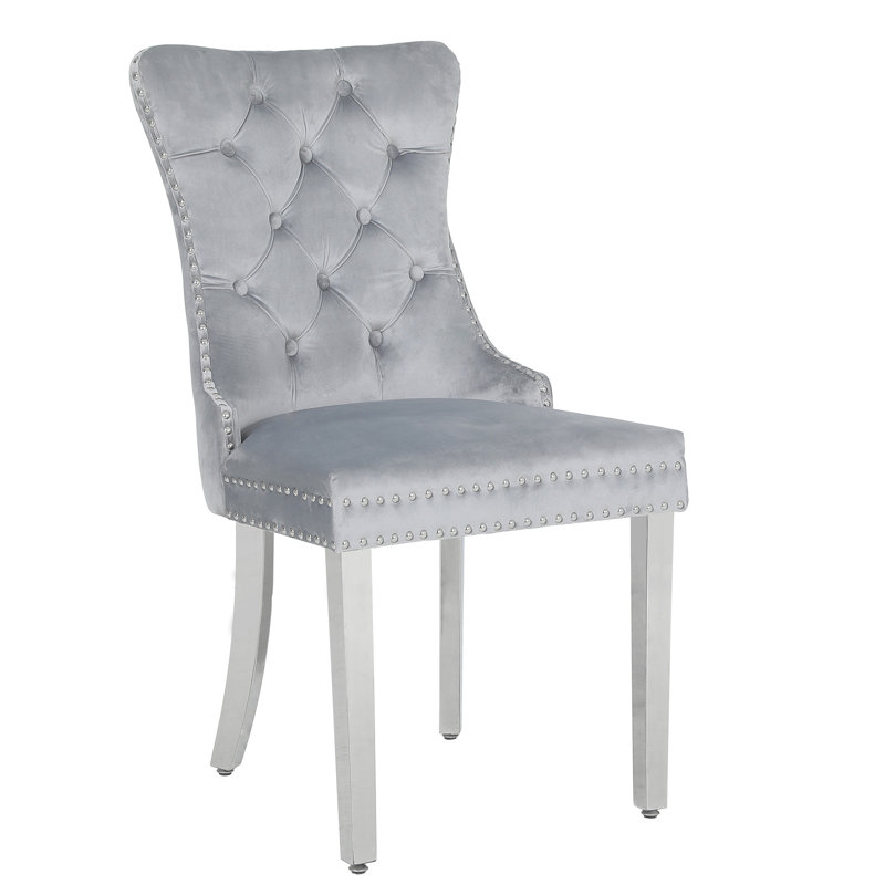 Upholstered Dining Chairs.Tufted Back Design With Stainless Steel Leg, Light Gray, Silver