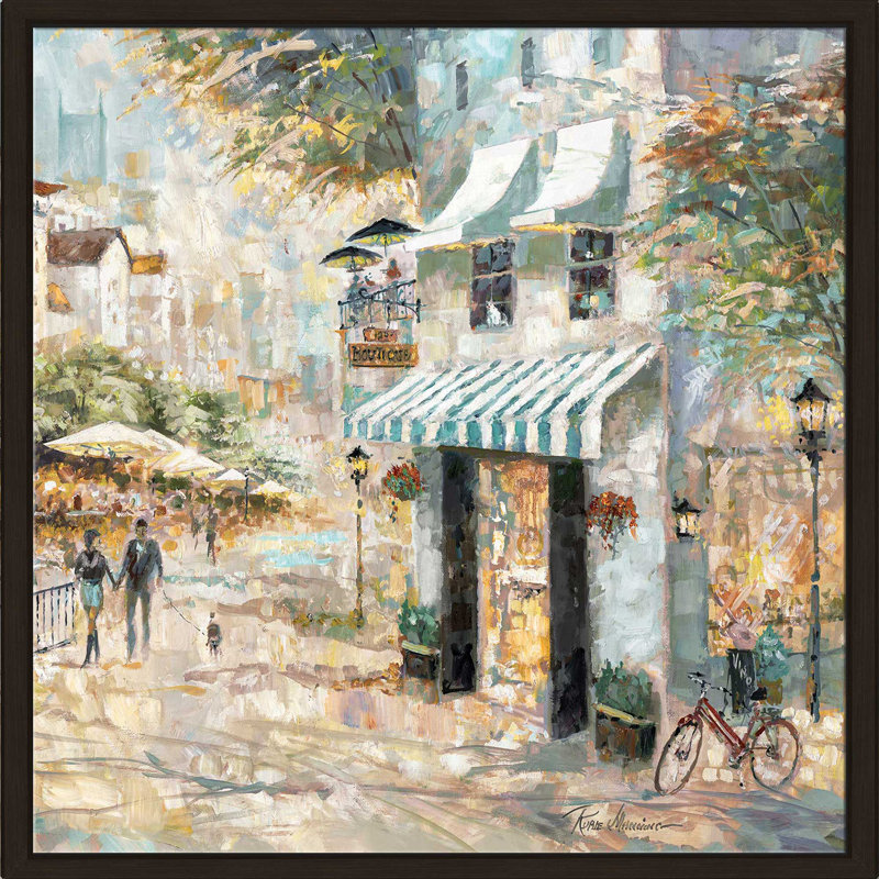 «Rooftop Cafê Détail II» par Ruane Manning - Peinture, Cadre flottant espresso, H 39,5 po x l 39,5 po x P 2 po