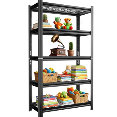 Support de rangement robuste en métal à 5 couches réglables pour les pièces, les salles de sport et les cuisines, capacité de charge de 2000 livres, noir, installation rapide avec hauteur, capacité des garages, salles de sport d'atelier, assemblage
