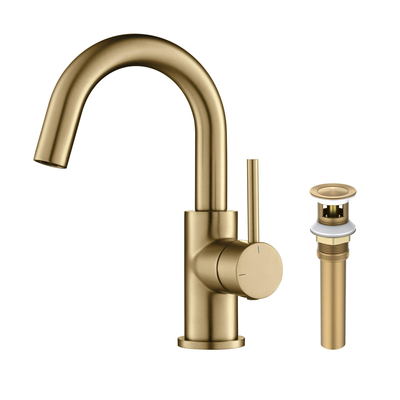 Circular Single-Hole Bathroom Faucet with Drain, Brushed Brass