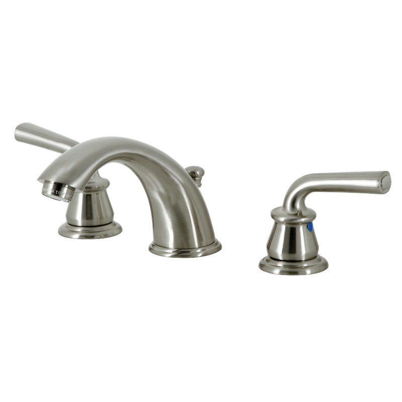 Kingston Brass Restoration Two-Handle 3-Hole Deck Mount Widespread Bathroom Faucet with Retail Pop-Up Drain, Brushed Nickel