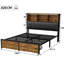 Industrial Metal Upholstered Storage Bed With Bookcase Headboard & Charging Station (USB/Type-C), Rustic Brown & Black PU Frame With LED & 2 Drawers, EU Double & King 140/160X200cm-386905197