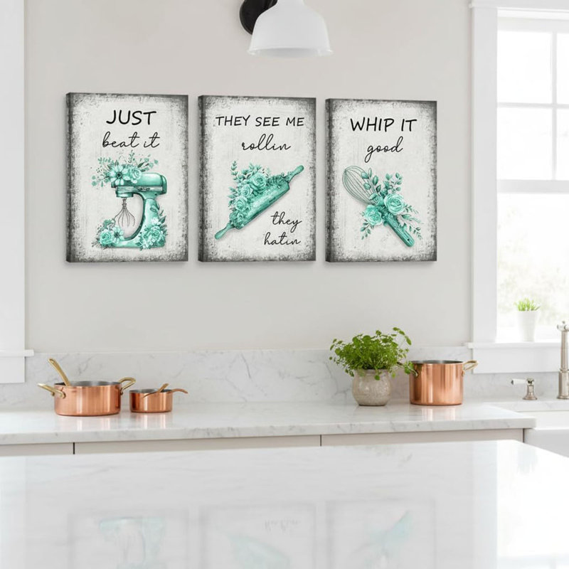 3 Piece Wrapped Canvas Wall Art, Teal