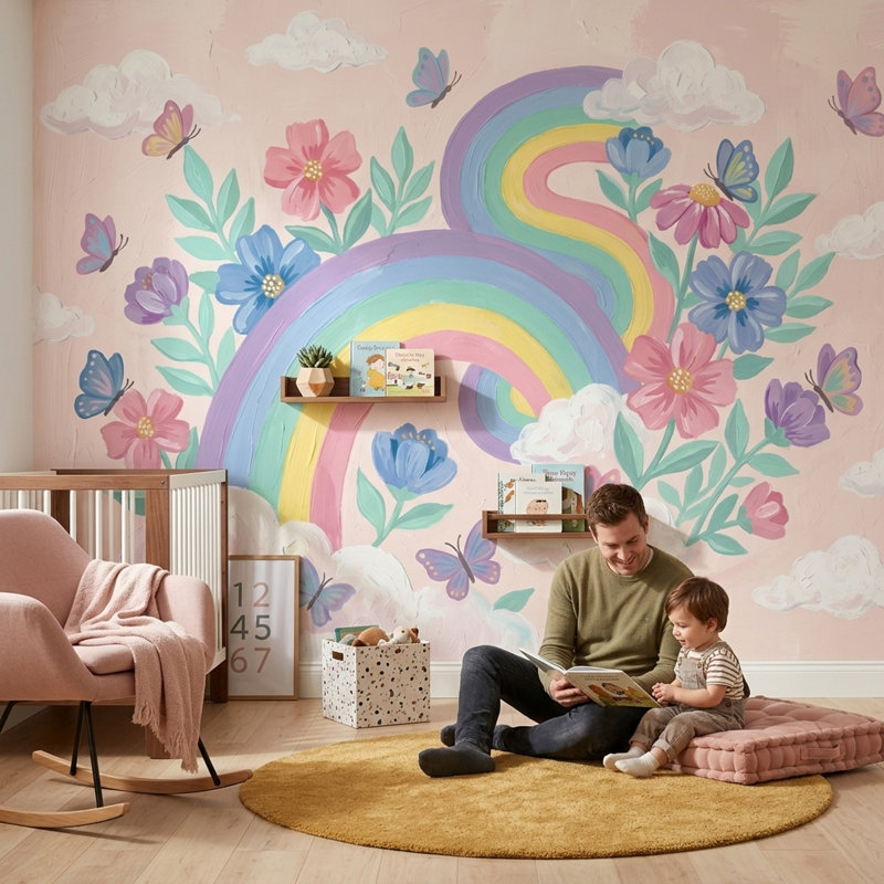 Papier peint pastel arc-en-ciel floral avec papillons amovibles, Non tissé, 140 po x 108 po
