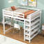 Lit mezzanine double avec tablettes de rangement et bureau sous le lit, blanc