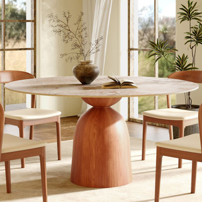 Mid-Century Modern Round Dining Table, 39"/43"/47"/53"/59" Sintered Stone Top, Solid Wood Base, Farmhouse Kitchen Table, Stain & Scratch Resistant