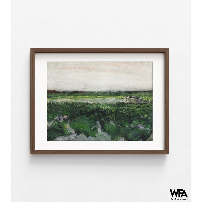 Paysage avec brouette par Vincent Van Gogh, paysage vert foncé, art de ciel gris, impression de jour nuageux, impression de nature verte, impression d'art de paysage