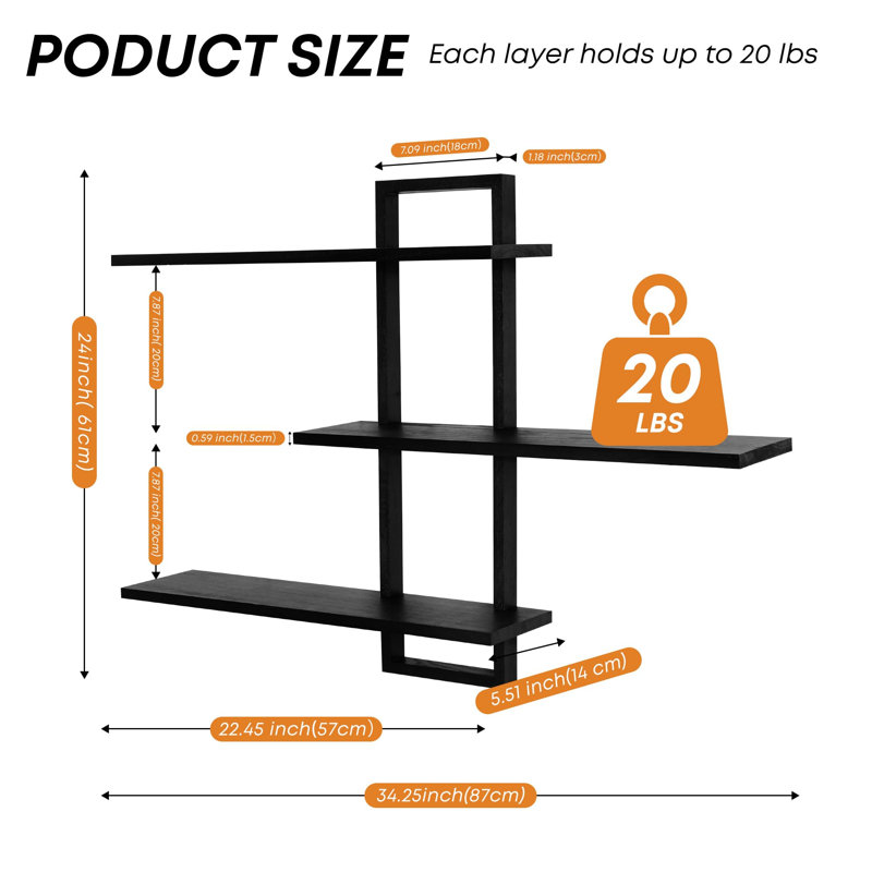 3 Piece Wood Bracket Shelf, Black