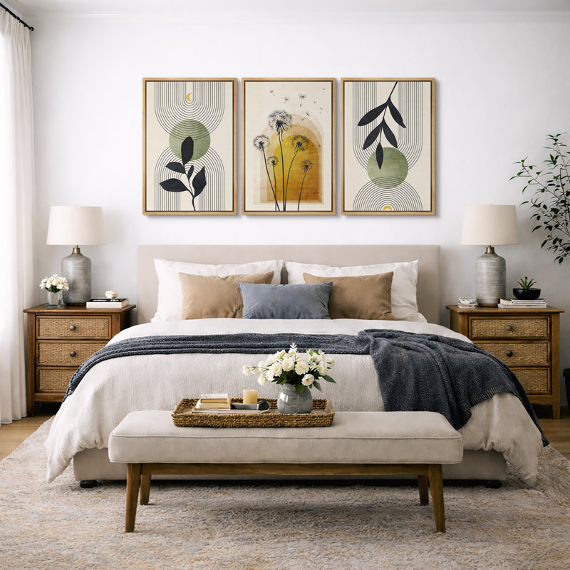 Illustration de pissenlit abstraite de style Mid-Century moderne bohème, images murales de salon moderne et chic, impression sur toile encadrée, ensemble de 16 pièces x 16 po x 3 pièces, 24 po x 36 po x 3 pièces
