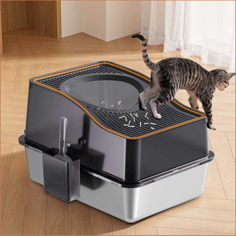 Stainless Steel Fully Enclosed Cat Litter Box With Hollow Lid And Heightened Lid To Prevent Splashing And Carry-Out, Top-Entry Deodorizing Cat Toilet