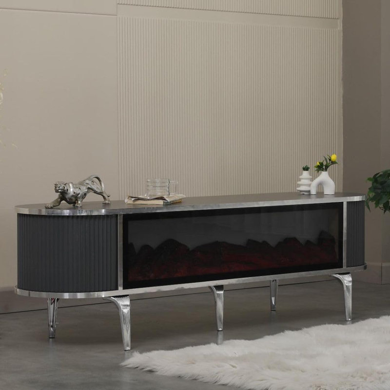 TV Stand Fireplace for TVs up to 88" Fireplace, Black/Silver