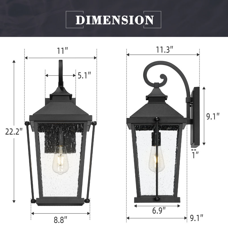 Large Outdoor Wall Light Die-Cast Aluminum In Black Finish Seeded Glass, 22.2" H x 11" W x 11.3" D