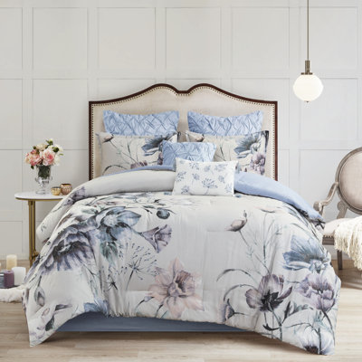 Édredon 8 pièces en coton grand bleu - décoration avec ornement floral, rembourrage, comprend 1 édredon, 2 taies décoratives européennes, 3 coussins décoratifs, jupe de lit, articles de chambre lavables à la machine