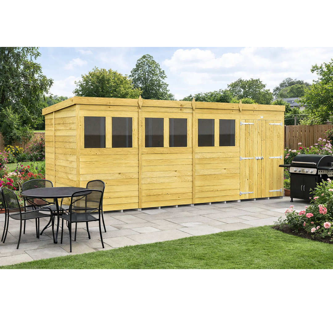 16ft x 7ft Pent Shed - Double Door with Windows