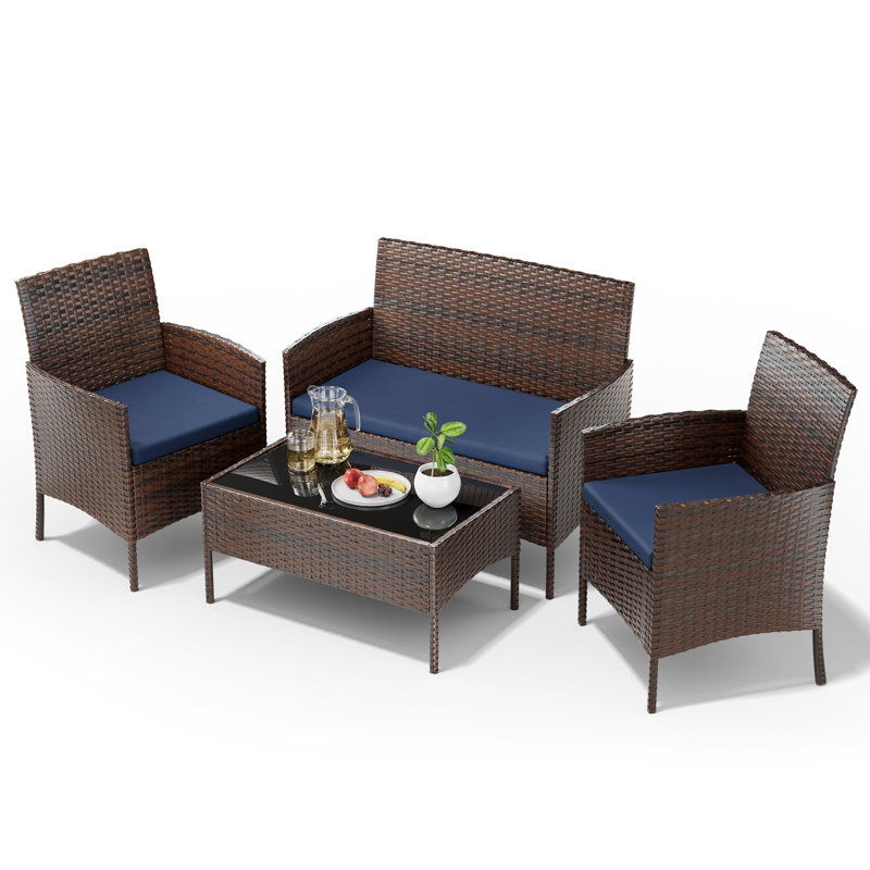 Carlen 3-Person Wicker Outdoor Seating Set with Sunbrella Cushions, Navy, Brown