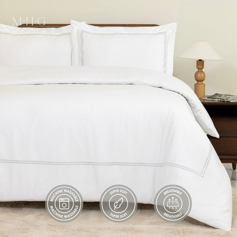 MHG Living Duvet Cover Set Oxford Grey Baratta Stitch Design Cotton Bedding - Includes 2 Pillowcases, King