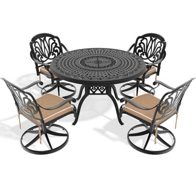 Table de salle à manger en aluminium coulé 5 saisons toutes saisons - 4 chaises pivotantes et une table ronde noire de 47,24 po.