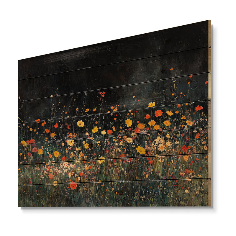 Yellow Wildflowers Mid Night Meadow I - Wildflowers Wood Print - On Natural Pine Wood, 10" H x 20" W x 0.78" D