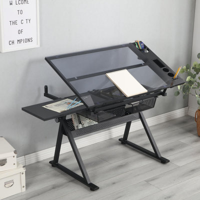 Table à dessin, table d'artiste à plateau en verre réglable à 0-75 ° - Bureau de dessin à hauteur réglable avec grand rangement pour la peinture et l'artisanat - idéal pour les designers et les étudiants en art (noir)