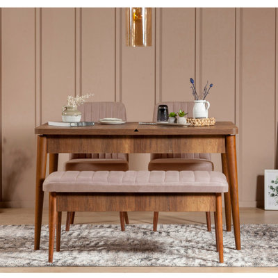 Elegant Extendable Dining Table & Chairs Set (4 Pieces), Walnut & Stone Colors, 51.2 x 30.3 x 31.5 inches | 100% Melamine Coated Particle Board, 18 mm Thickness | Velvet Upholstered Chairs, Scandinavian Design, Perfect for Modern Dining Rooms