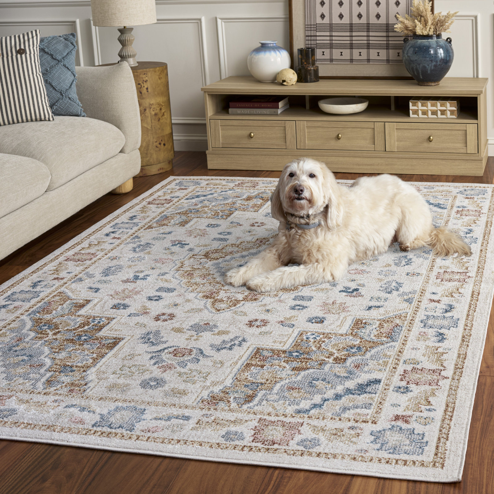 Mayhill Beige Rust Blue Machine Washable Rug, Rectangle 5'3" x 7'6"