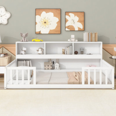 Floor Bed With  Bedside Bookcase,Shelves,Guardrails