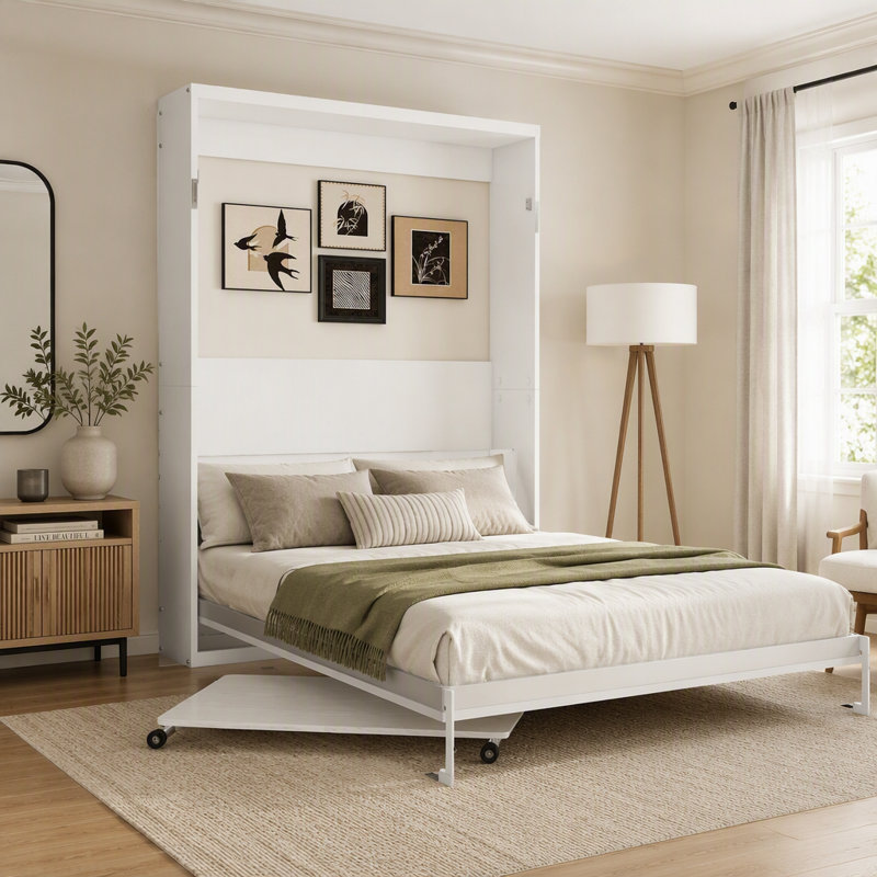 Wall Mounted Murphy Bed With Separate Manual Height Adjustable Desk, Space Saving Foldable Wall Bed & Computer Desk