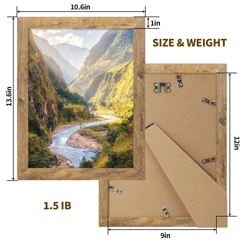 9X12 Picture Frame Set Of 2, Rustic Brown Wood With Glass Photo Frame - Display Pictures 6X8 With Mat Or 9 X 12 Without Mat For Horizontal Or Vertical Table Top And Wall Mounting