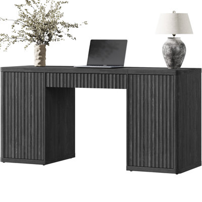 Cesiro 61" Fluted Writing Desk With Drawer And Cabinets