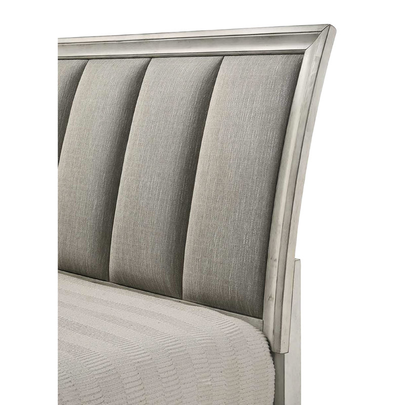Grand lit avec tête de lit ultra, tiroirs de rangement, design contemporain, couleur brume blanche, tête de lit et finition en bois massif, cadre